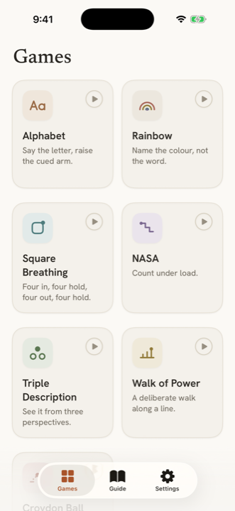 New Code Games running on iPhone — the Games tab shows the seven exercises as tinted cards.